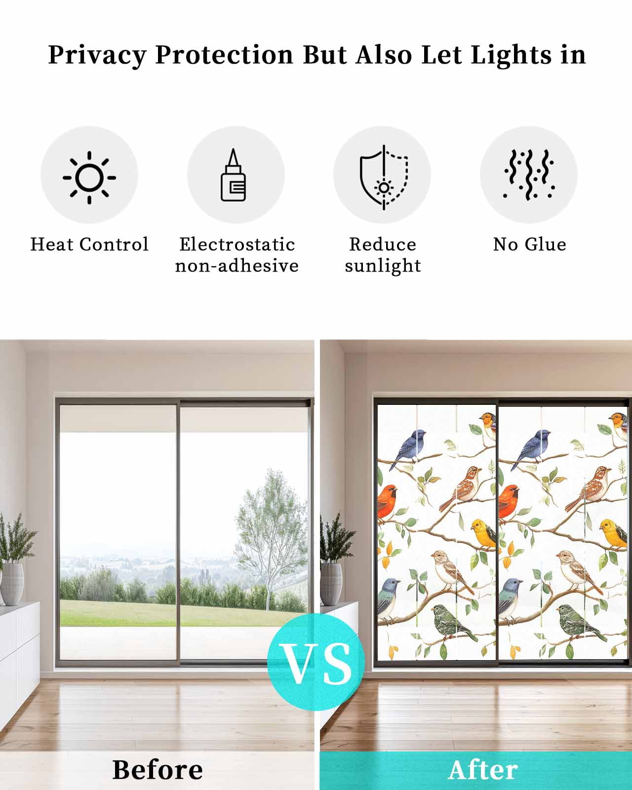 Window Privacy Film Spring Bird Leaf Stained Glass Window Film Decorative Sun Block Window Cover Farmhouse Tree Branch Nature Animals Window Clings Static Adhesive Sticker for Bathroom 23.6"x59"