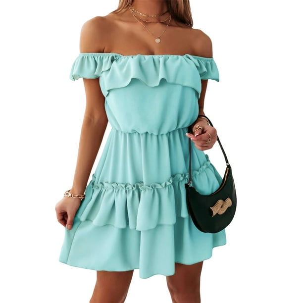 Txlixc Vestido de Mujer con Hombros Descubiertos, Color sólido, sin Mangas, con Volantes, de Longitud Media, para Fiesta, Club Txlixc Home Furnishing