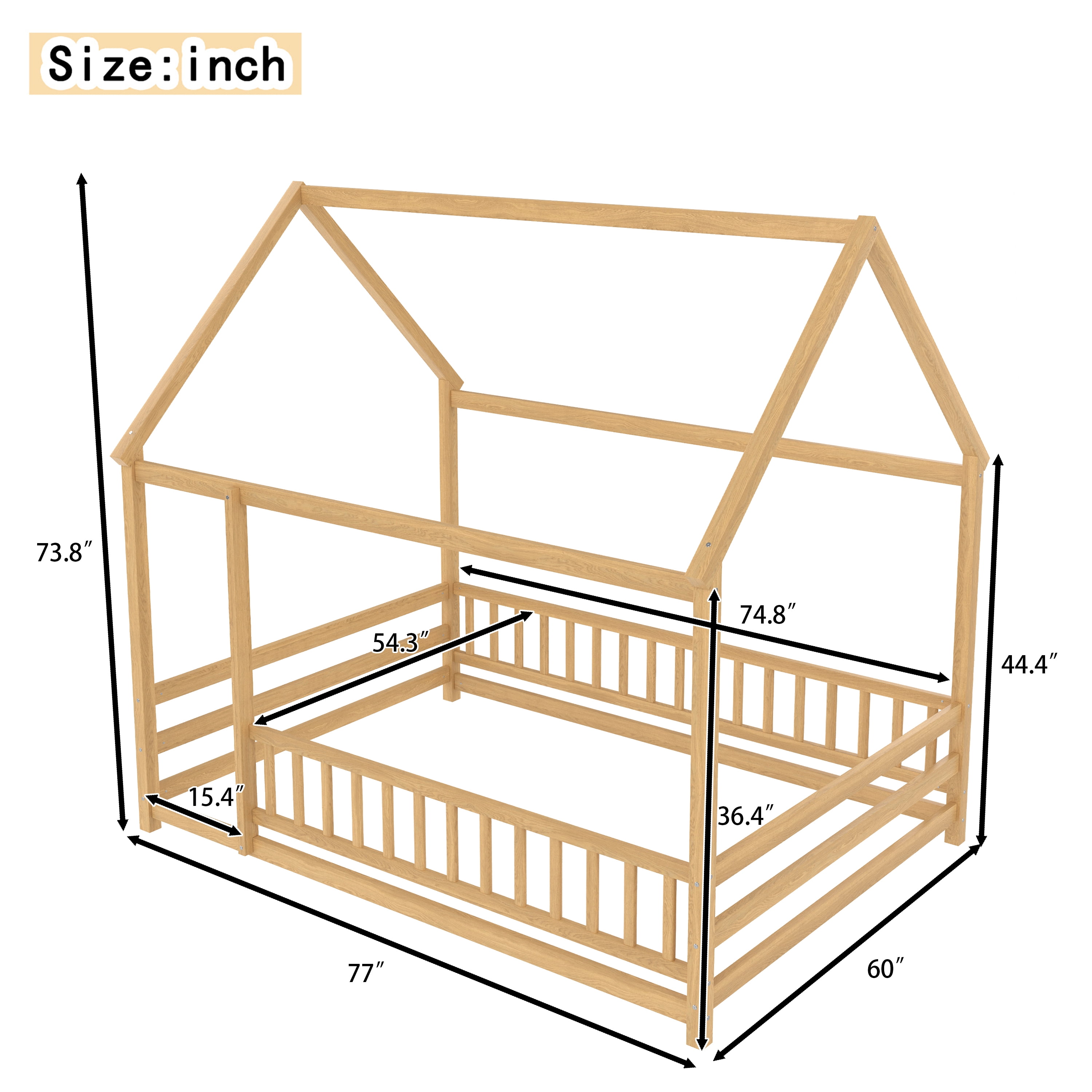 Floor Wooden Bed with House Roof Frame, Full Size Fence Guardrail Bed for Kids, Natural Pine Wood Children's Bedroom Furniture, Roof Design for DIY Decoration and Mosquito Net