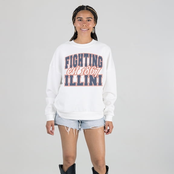 Women's Gameday Couture White Illinois Fighting Illini Oversized Faded Formation Premium Fleece Sweatshirt