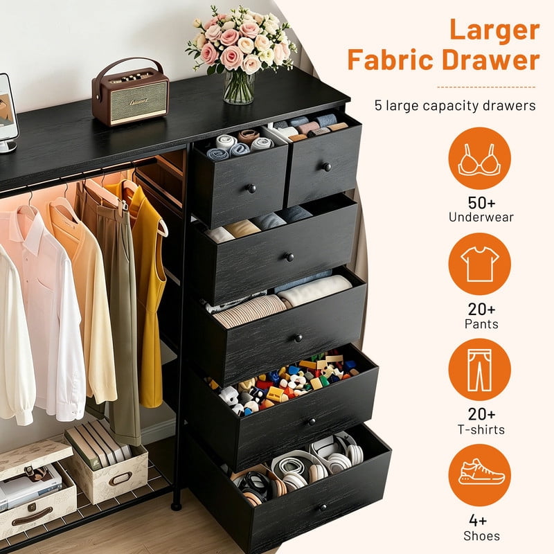 Simenmax 6-Drawer Storage Closet with LED Lights & Charging Station, 49.2" Wide Wooden Wardrobe Rack with Fabric Bins,Portable Clothing Organizer for Bedroom, Entryway, Black Wood