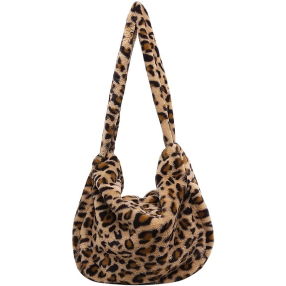 Jiibva Women Plush Leopard Print Bag Underarm Shoulder Bag Large Capacity Handbag Winter Plush Shopping Tote Bag