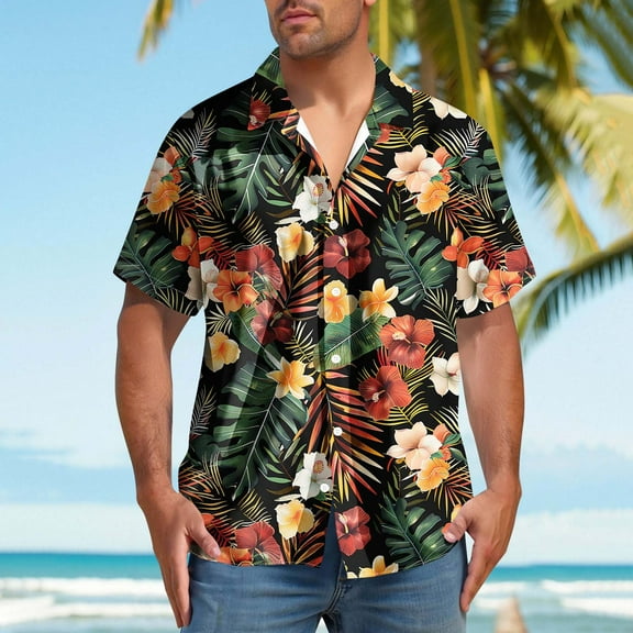 Handshe Men's Hawaiian Shirt Tops Vintage Short Sleeve Button Down Beach Shirt Male Tropical Floral Summer Pullover Party Holiday