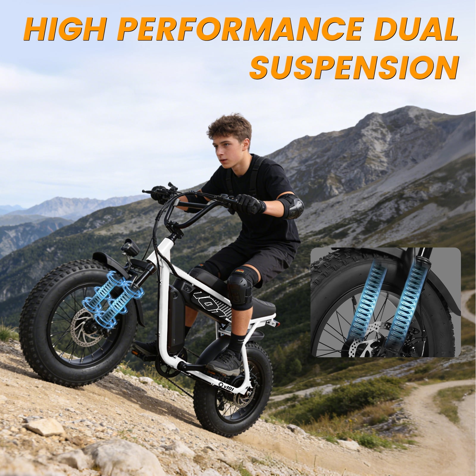Eskute V101 Electric Bike for Adults & Teens – 28 MPH, 750W (Peak 1500W), 48V 13Ah Battery, 16"x4.0" Fat Tires, 7-Speed, Front Suspension, White with Phonebag & Lock, UL2849