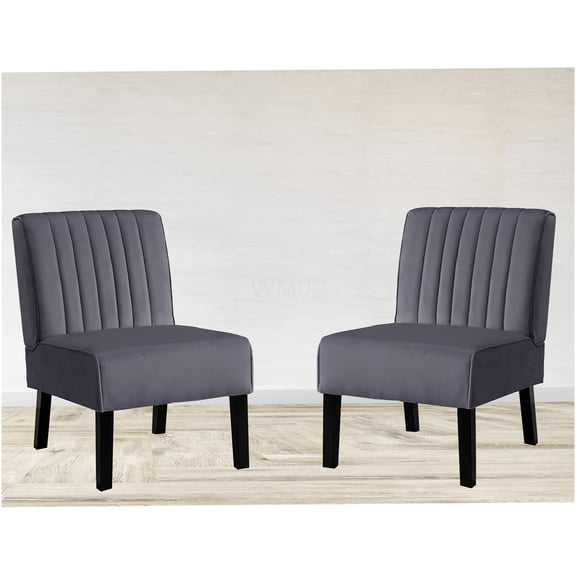 Mid Century Modern Velvet Accent Chairs Set of 2 for Living Room, Grey Upholstered Side Chairs with Solid Wood Legs