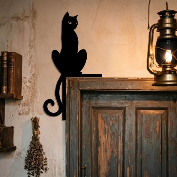 sruoe Halloween Black Cat Door Topper, Halloween Metal Cat Silhouette, Halloween Door Corner Decor, Halloween Home Decor for Entryway, Wall, Porch Display