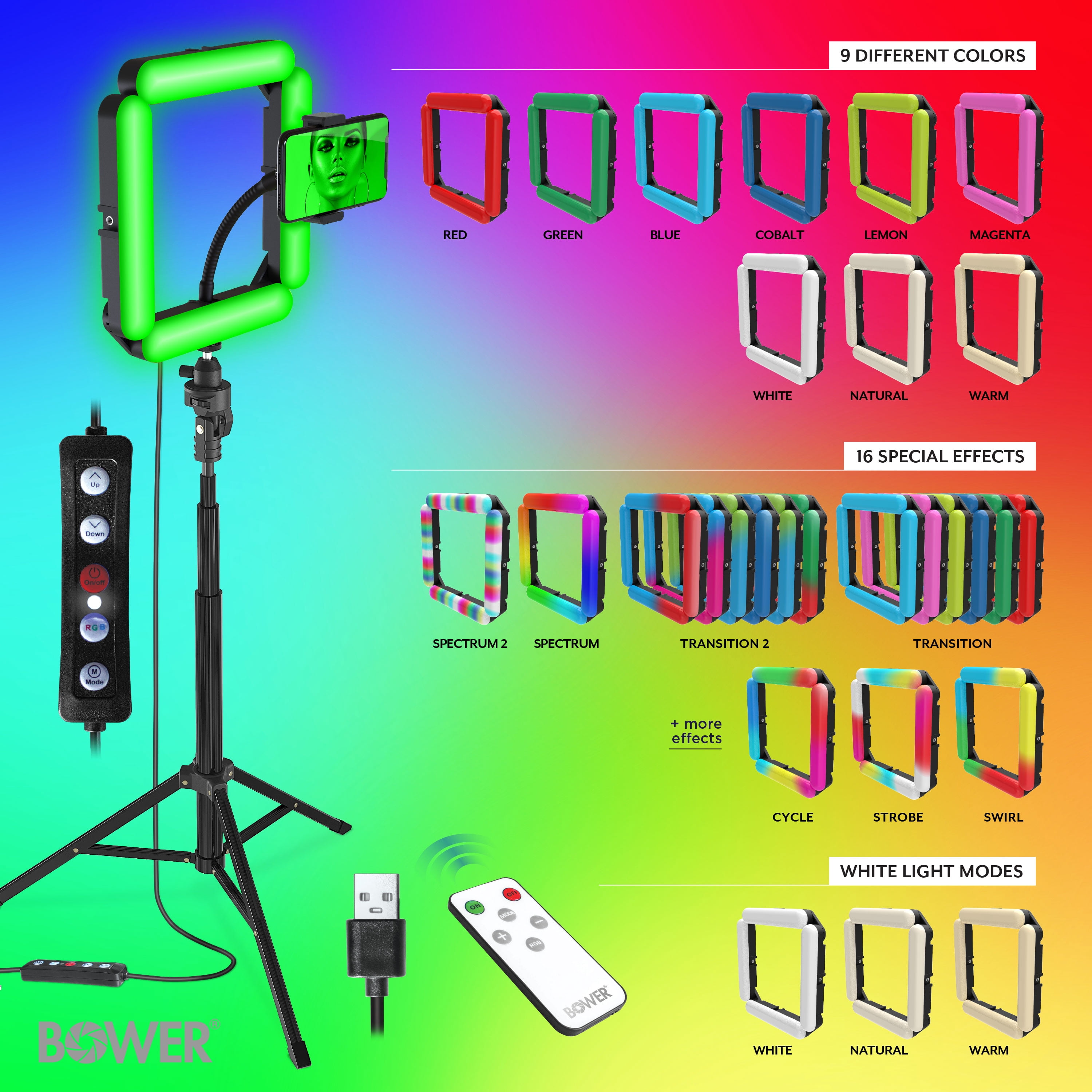 Bower Quad White and RGB LED Ring Light and Tripod; Black