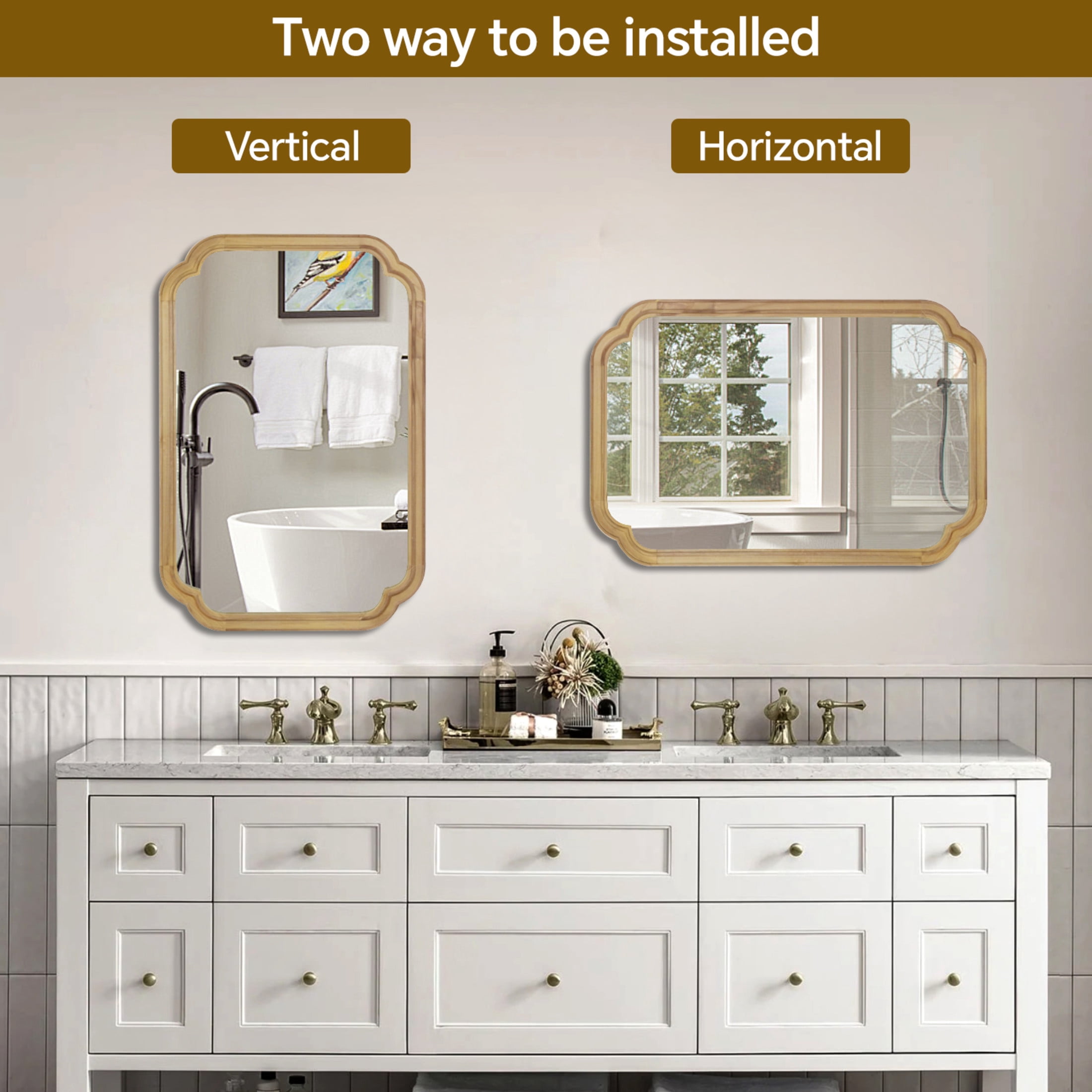 Noble House 24x36 Inch Rounded Corner Wall Mirror, Solid Wood Decorative Vanity Mirror, Natural