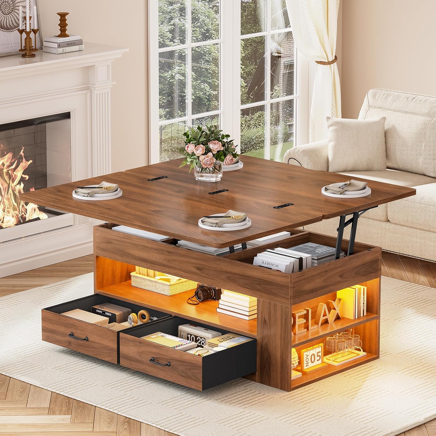 40" Farmhouse Lift Top Coffee Table, 4 in 1 Multifunction Lift Coffee Tables with 2 Drawers, Open Shelves and Hidden Compartment, Center Table with Wooden Tabletop for Living Room, Brown
