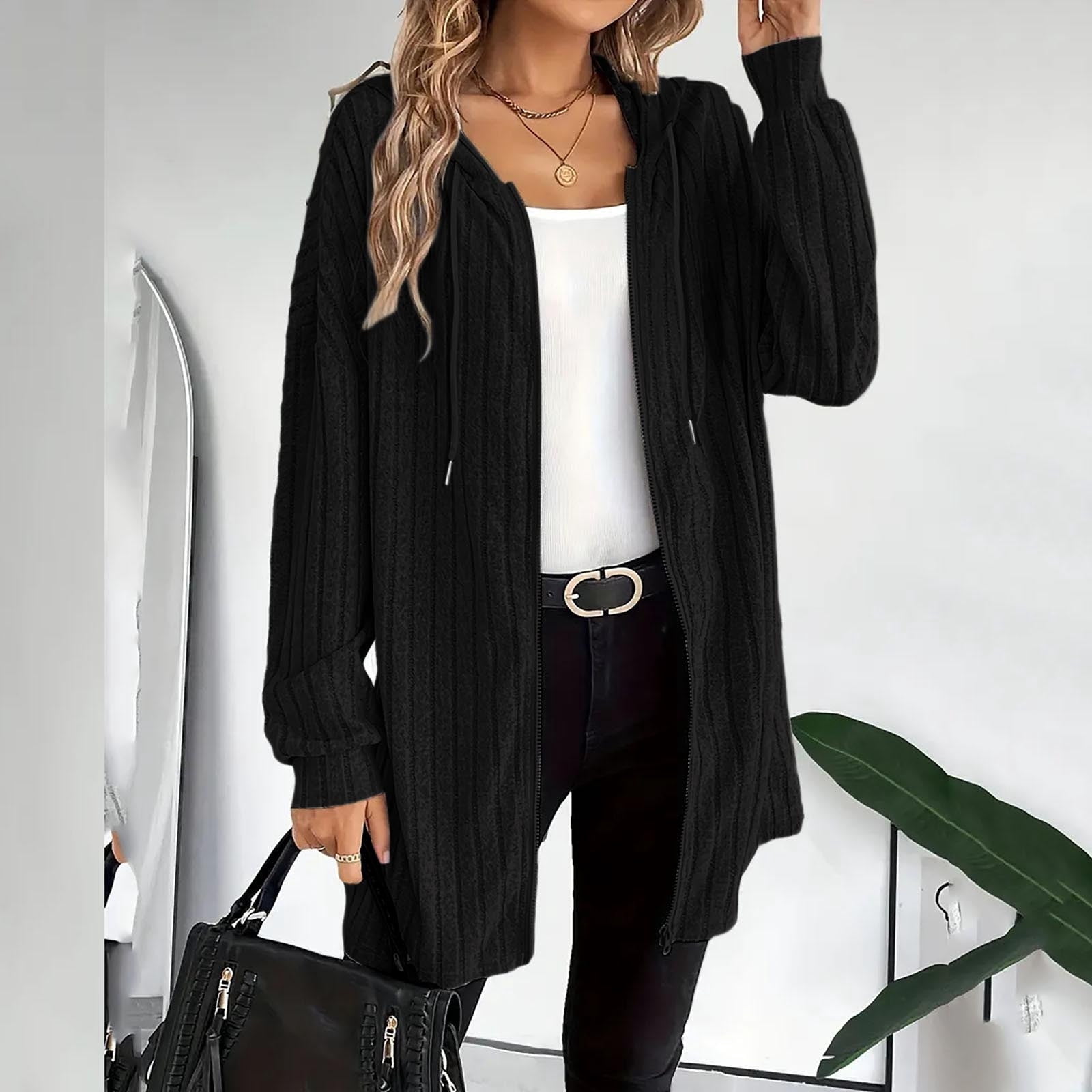 Women's Ribbed Full Zip Jacket with Hood Casual Fashion Mid-length