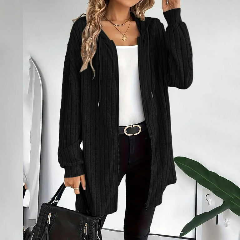 Women's Ribbed Full Zip Jacket with Hood Casual Fashion Mid-length