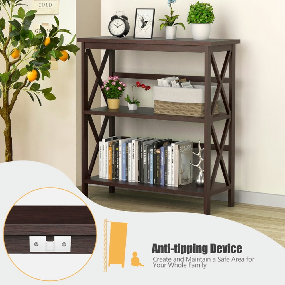 Demi Bonn 3-Tier Wooden Bookshelf, Multi-Functional X-Design Etagere Storage Bookcase, Dark Brown