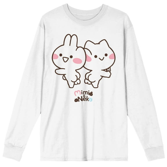Mimi & Neko Rabbit Ear to Cat Ear with Logo Men's White Long Sleeve Crew Neck Tee-Medium