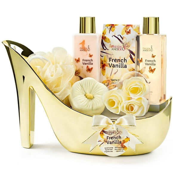Elegant French Vanilla Bath Set Gold High Heel Shoe Spa Gift for Gifting, Pampering & Home Decor Shower Gel, Body Lotion, Bath Salts, Soap Flower & Many More Valentines Gift for Wo