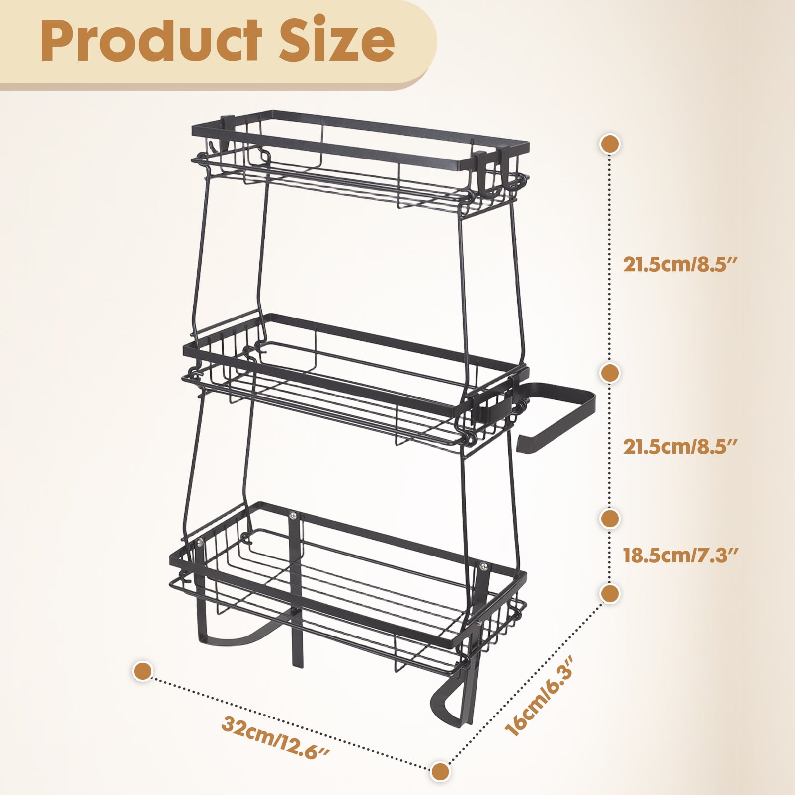 YOYTOO Over the Toilet Storage Shelf, 3 Tier Freestanding Bathroom Caddy Organizer Behind Toilet Stand Shelves Towel Rack with Toilet Paper Roll Holder, Black