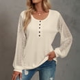 thumbnail image 4 of Camisas con costuras de encaje para mujer Camisas con cuello redondo y botones en la parte delantera Jersey cómodo de manga larga Albaricoque S, 4 of 6