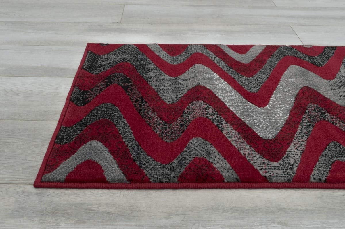 Red Gray Silver Black Abstract Area Rug Modern Zigzag Wave Pattern 1'96" x 6'96" Runner