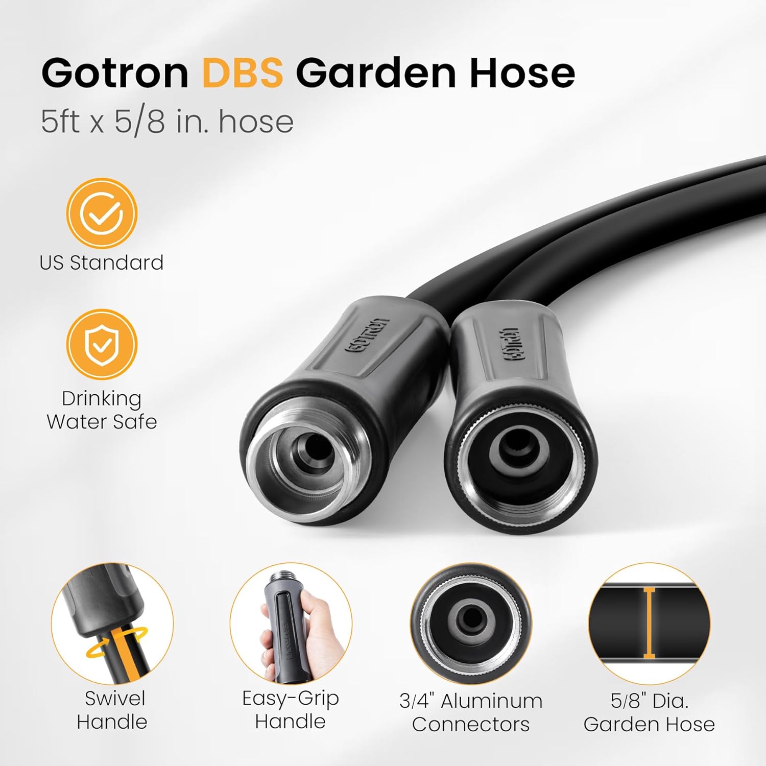 Short Garden Hose 5ft, Swivel Heavy Duty Leader Water Hose, Kink Free, Flexible and Drinking Water Pipe for RV, Outdoor, Yard, Lawn, 5ft x 5/8", Female to Male, Sprayer Nozzle not Included
