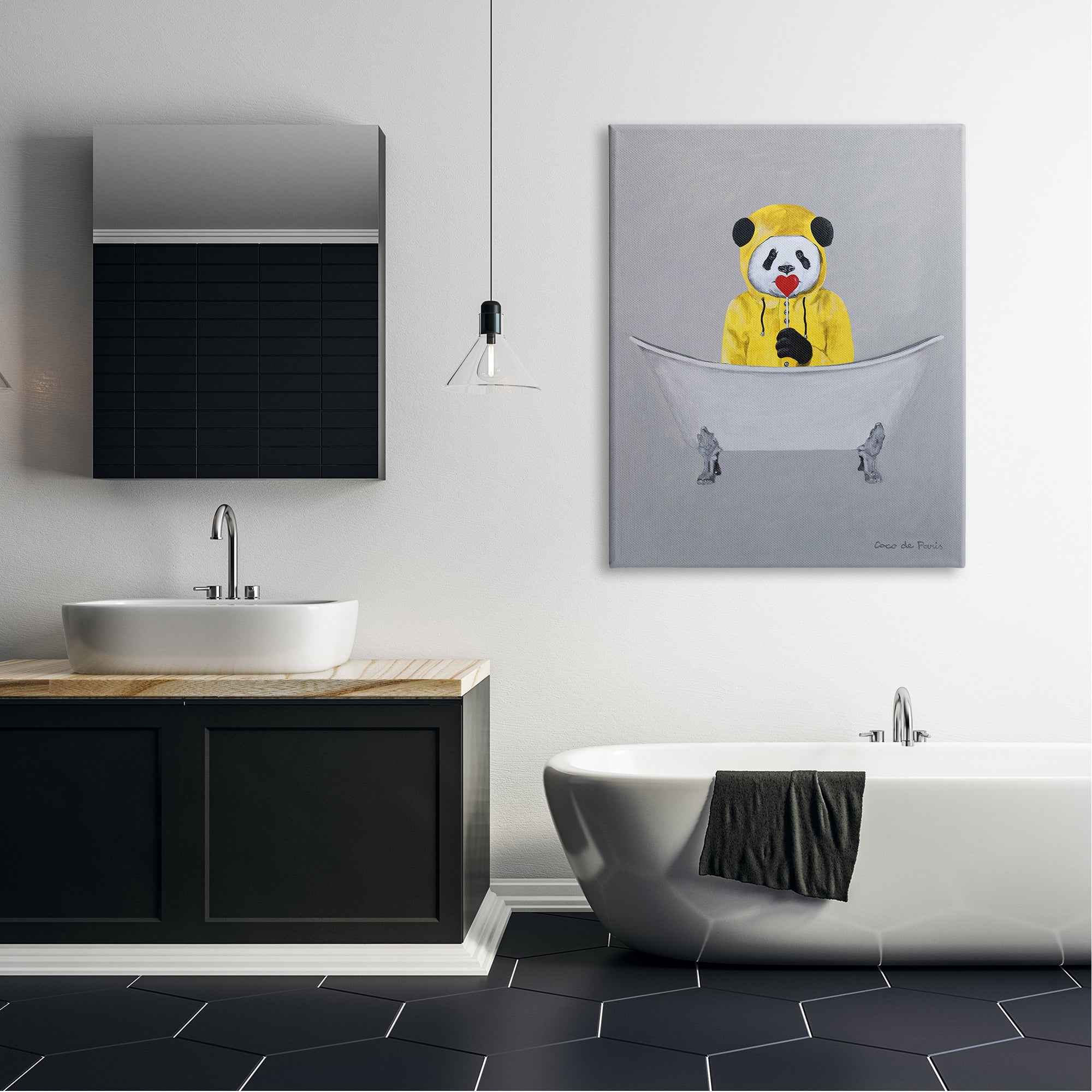 Stupell Industries Panda Yellow Raincoat Red Heart Claw Foot Tub, 36 x 48, Design by Coco de Paris
