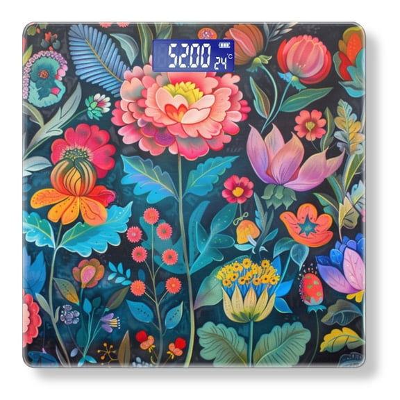High Precision Body Weight Scale Smart Bathroom Scales with Large LCD Display(400lbs),Decorative for Bedroom-Detailed Painting Of Flowers And Leaves On Black