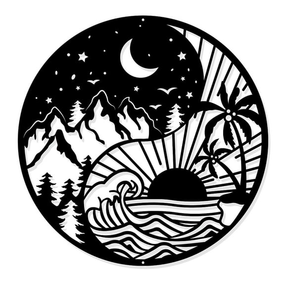 1 Set Yin Yang Metal Wall Art Decor 30cm Moon Sun and Stars Wall Art Tree of Life Wall Hanging Decor Forest Trees and Mountains Silhouette Wall Art for Bedroom Living Room Garden Wall Decoration