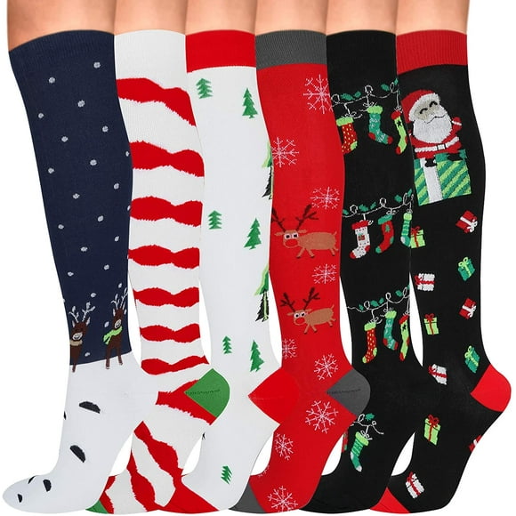 6 Pair Compression Socks for Women & Men, Knee High Compression Socks for Nurses, Travel, Pregnancy, Christmas(L)