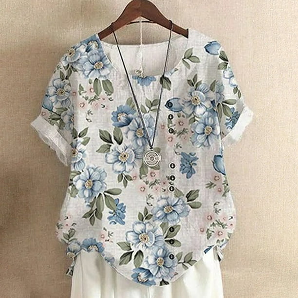 ICHUANYI Clearance Fashion Woman Causal Round Neck Printing Blouse Short Sleeve T-Shirt Summer Tops(Light Blue, XXL) ICHUANYI WER2023081201758
