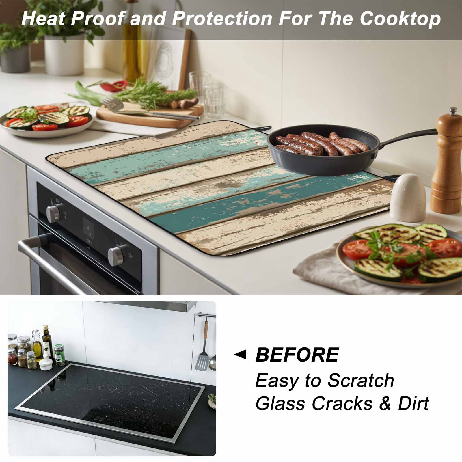 Farmhouse Teal Brown Stove Top Cover for Electric Stove, Heat-proof & Non Slip Glass Top Stove Cover Protector, Vintage Retro Ombre Wooden Kitchen Flat Cooktop Rubber Mat 24x21 Inches