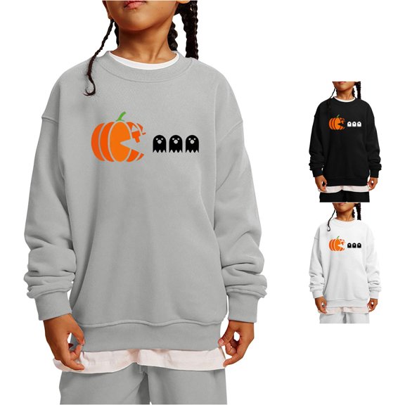 Zylarhe Halloween Sweatshirts for Kids Children Boy Girl Pumpkin Printing Crewneck Pullover Sweater Long Sleeve Fall Grey 6-7 Years
