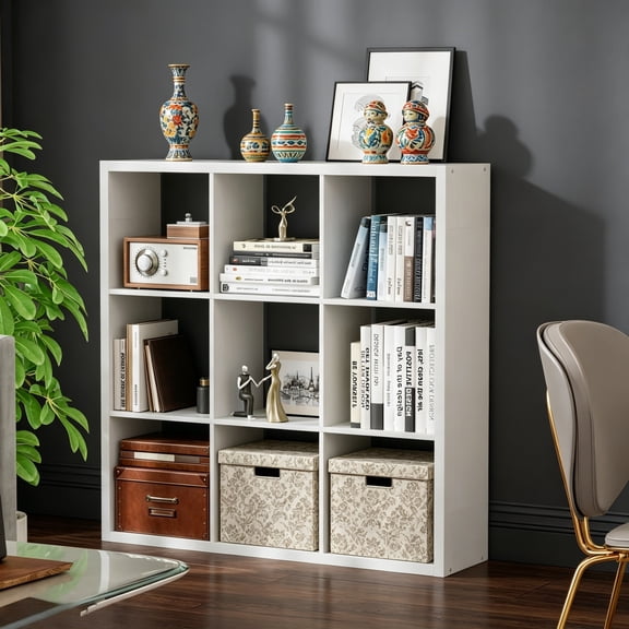 9-Cube Storage Organizer, Wooden Cube Shelf Bookcase with Reinforced Thick Shelves, Heavy-Duty 36.93"L x 9.37"W x 36.93"H, for Living Room Bedroom Home Office, White
