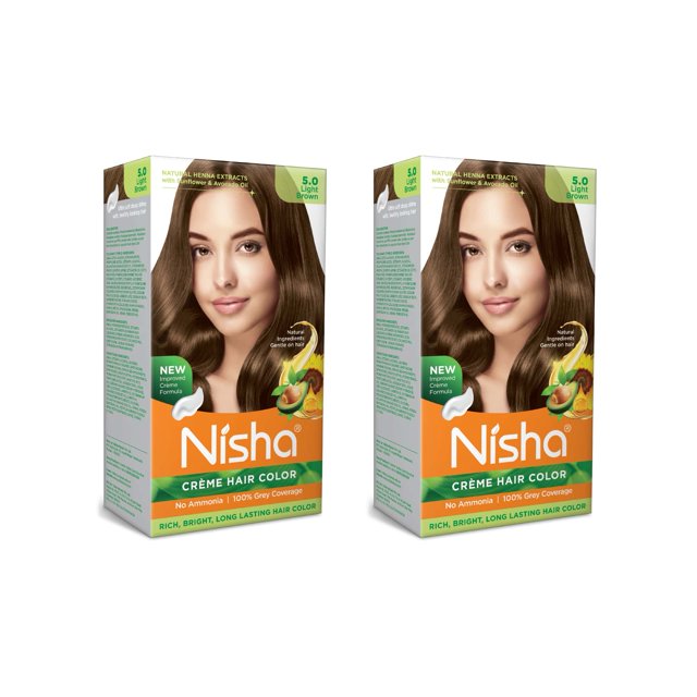 Nisha Crème Hair Color Pack 2, Permanent Brown Hair Dye Color, 100% Gray Coverage, No Ammonia, Light Brown, 4.23 oz