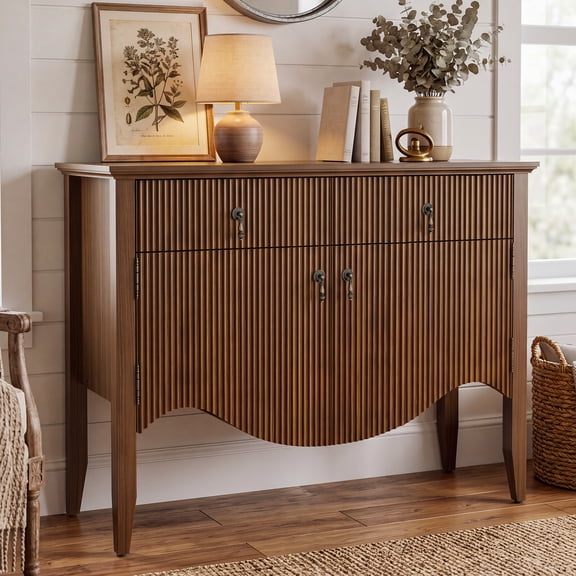 FUSUNBAO 40" Fluted Buffet Cabinet, Sideboard Credenza with 2 Drawer,Walnut