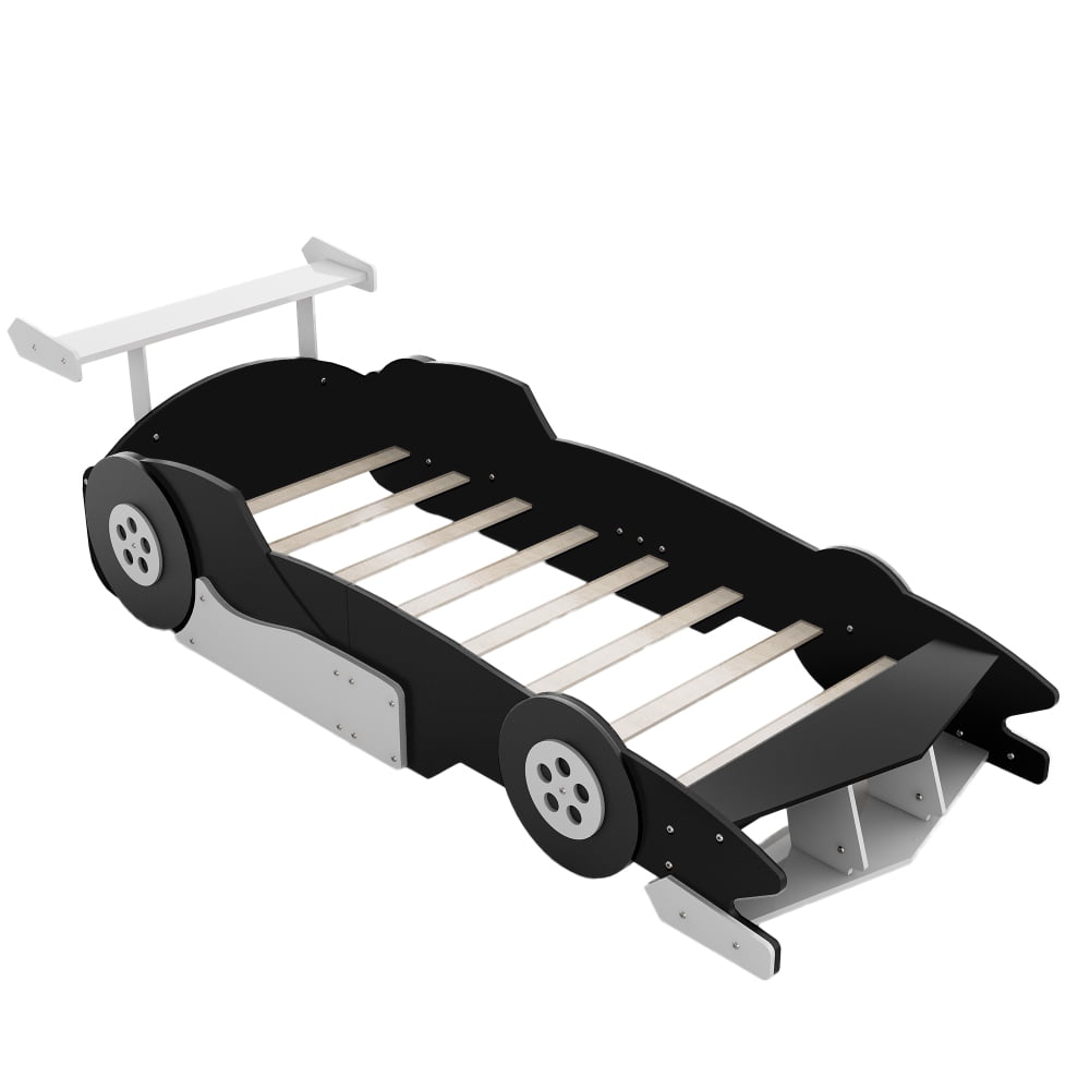 AUU Twin Size Race Car-Shaped Platform Bed with Decorative Wheels, No Box Spring Needed