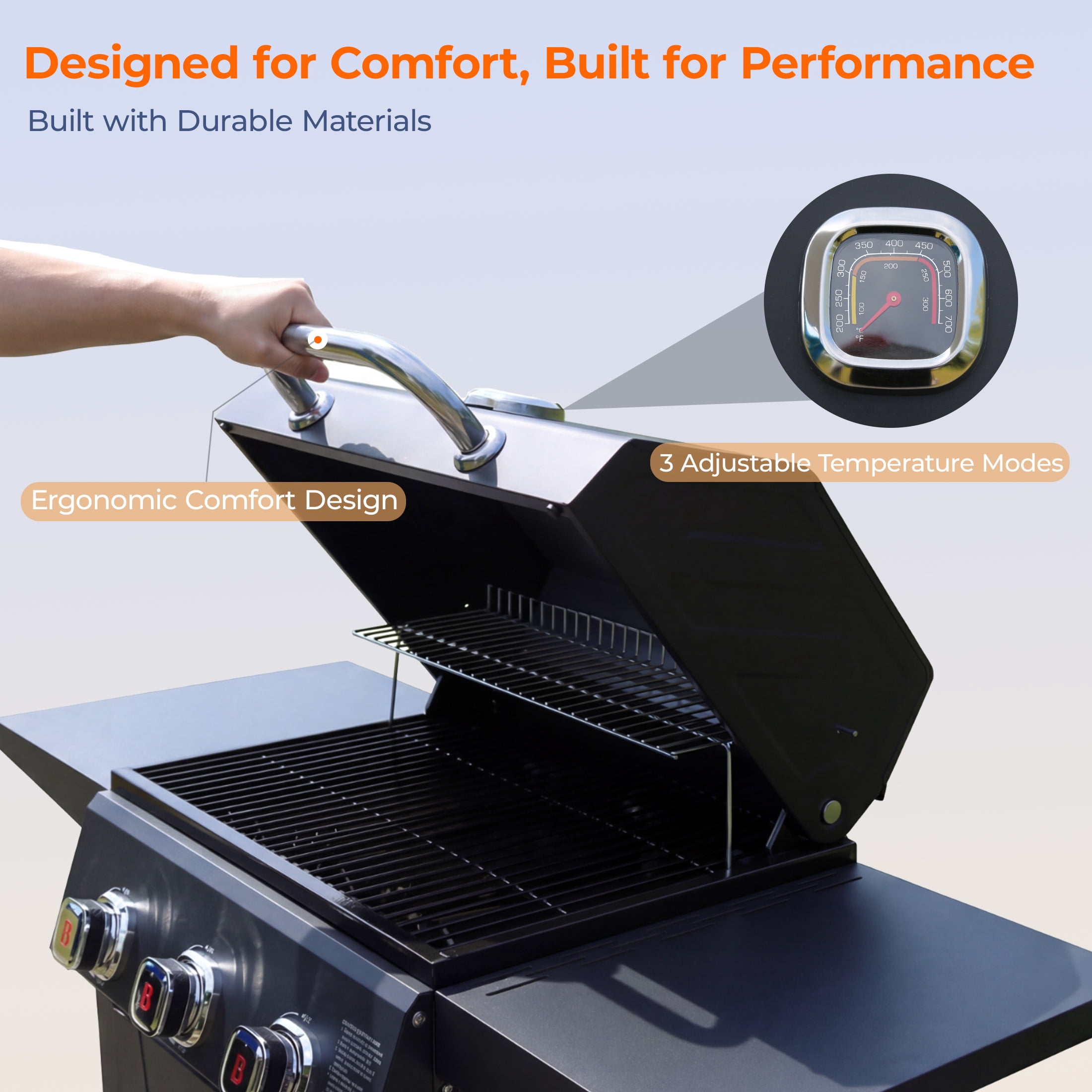 Flintex 3 Burner Propane Gas Grill, 27,000 BTU Outdoor BBQ Grill with Porcelain Coated Grates, Built-in Thermometer, Side Shelves& Wheels