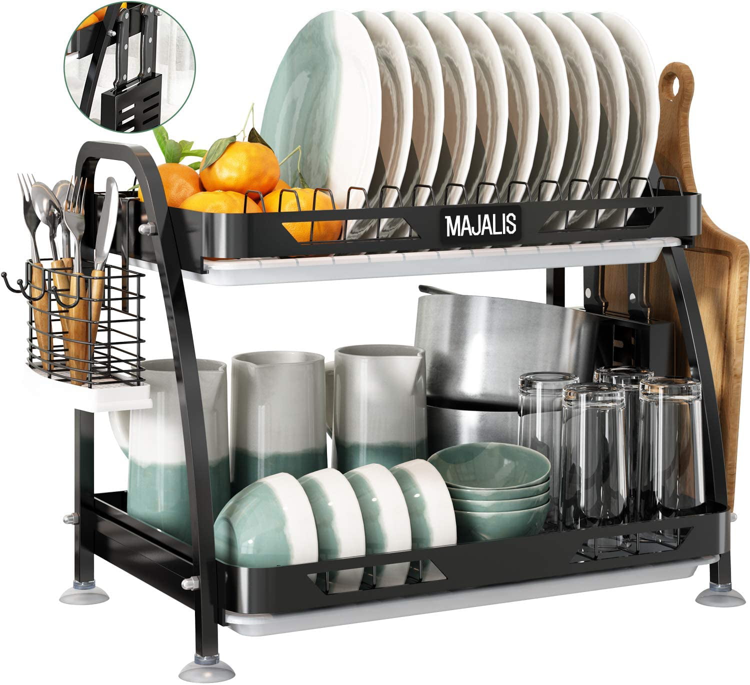 2 tier dish rack with drip tray in black 