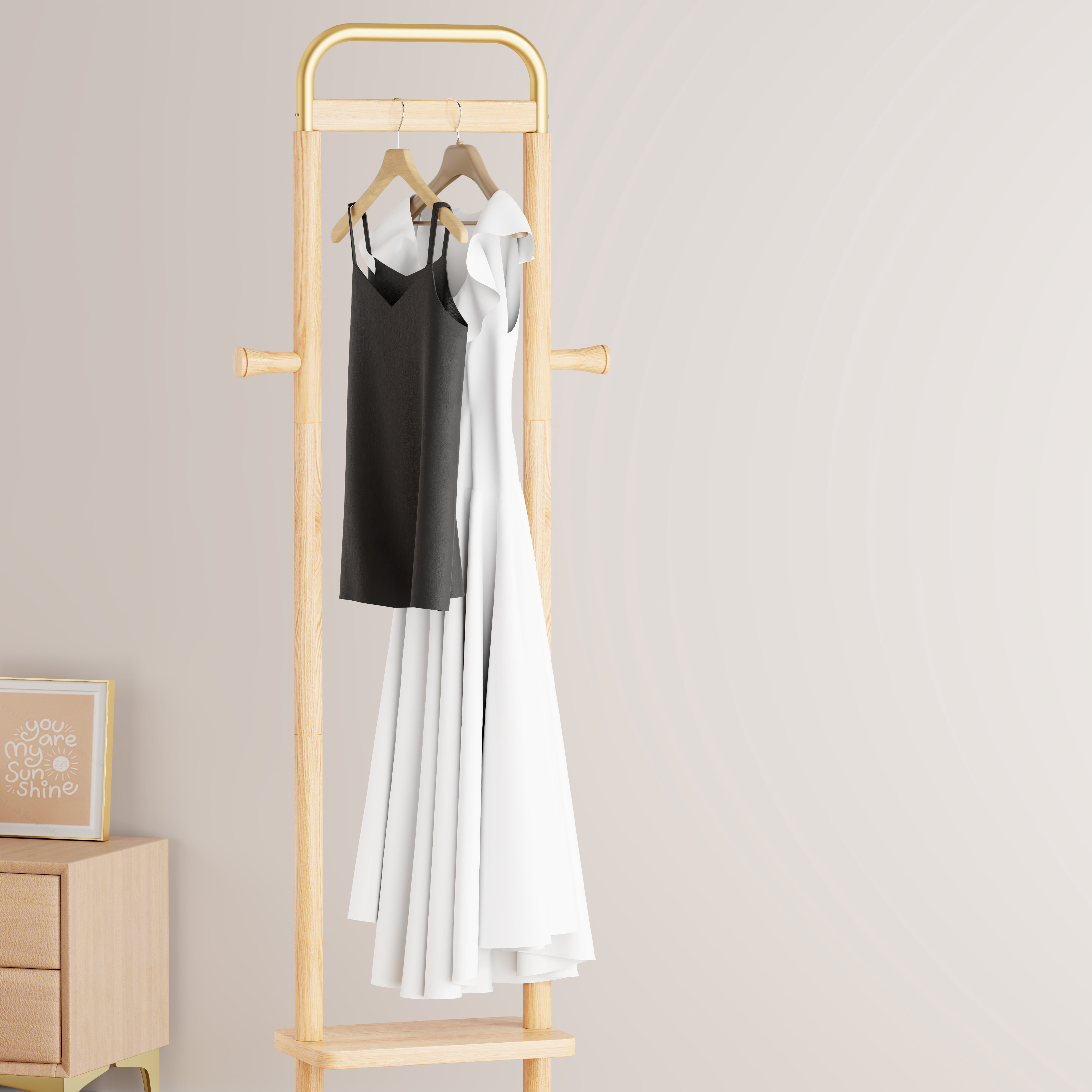 HOQBN 71"H Coat Racks Solid Wood Hanger with Wheel,Easy to Assemble for Bedroom,Hallway,Living Room,Natural