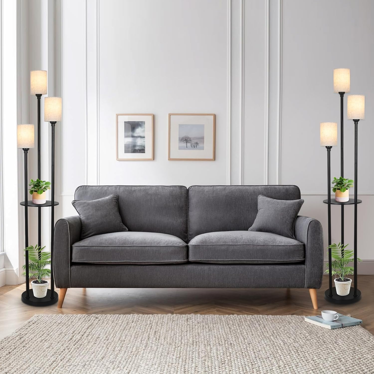 Lighting Fixtures Floor Lamp with Shelves, Modern Floor Lamps for Living Room, 3-Lights Standing Lamp with Linen Shade and Foot Switch, Industrial Standing Lamps for Bedroom, Black Tall Table Lamp fo