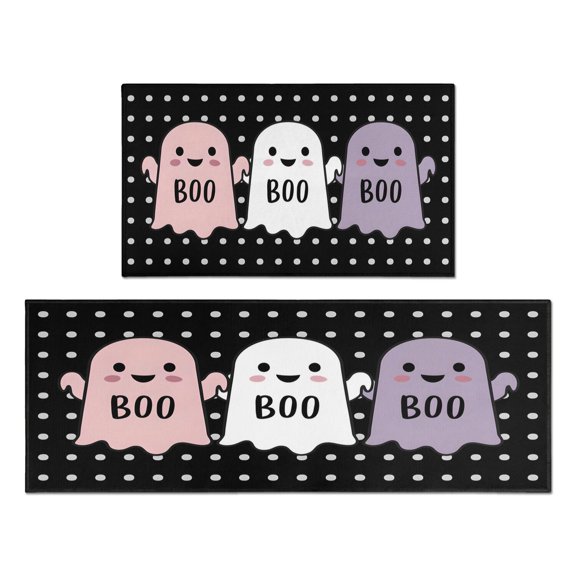 2 Piece Halloween Plaid Kitchen Rug Sets Evil Pumpkinm Cute Ghost Kitchen Runner Anti Fatigue Rugs for Kitchen Floorfor Bathroom Room (47x17 30x17 Inches)