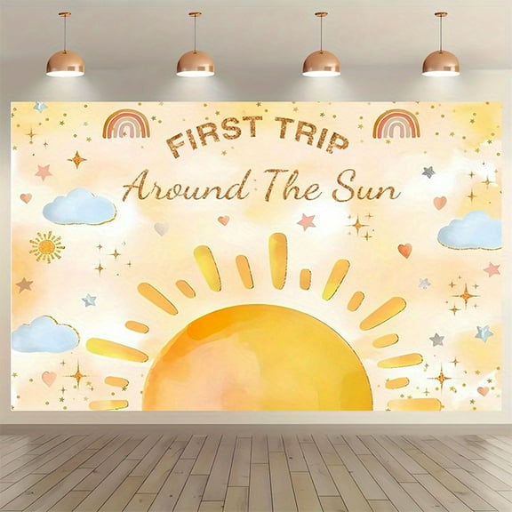 First Trip Around Sun Backdrop Yellow Boho 1st Birthday Party Photography Background You are My Sunshine Banner Glitter Photo Booth Studio Props