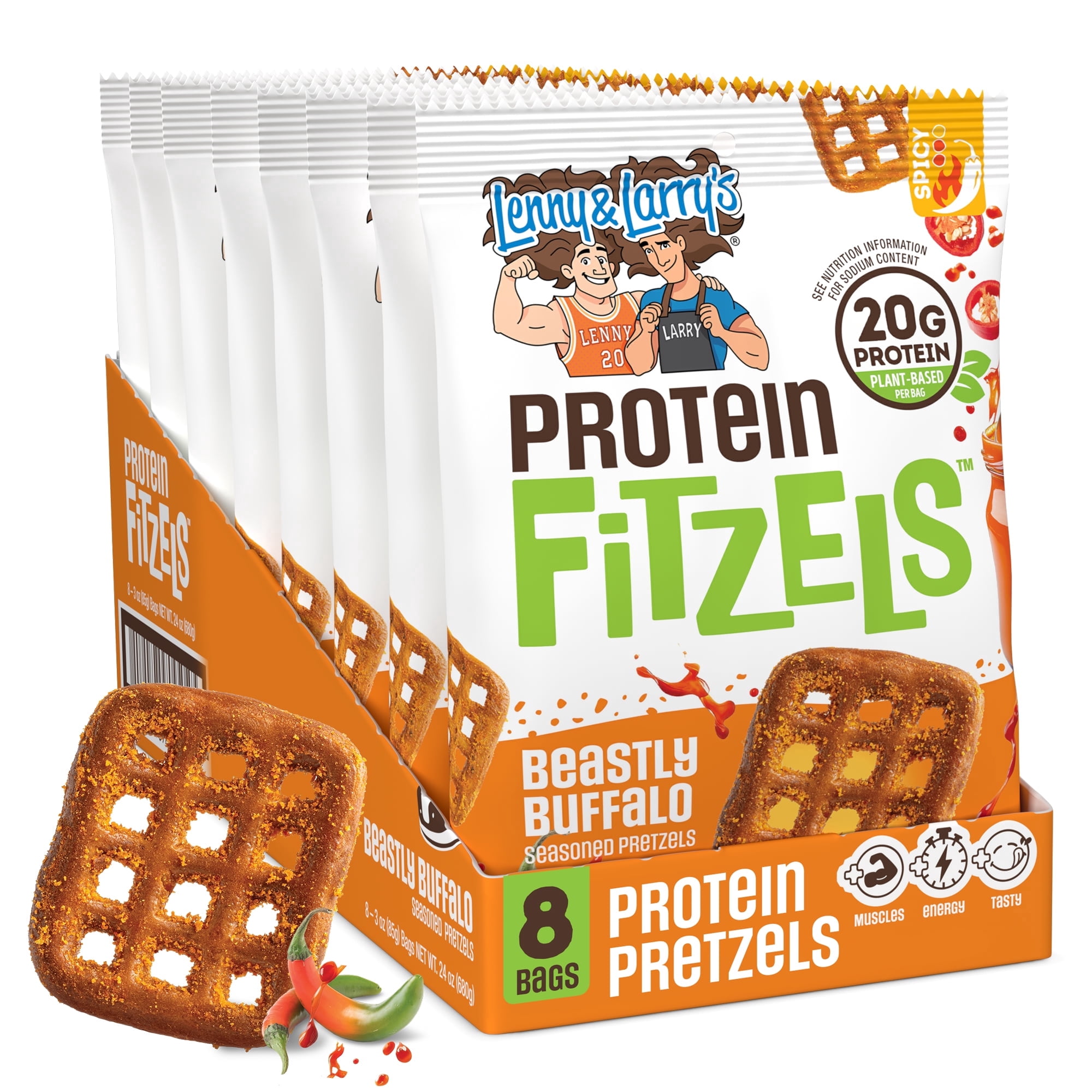 Lenny & Larry's Fitzels Protein Pretzels Snack,Beastly Buffalo 20g of Protein, 8 Pack