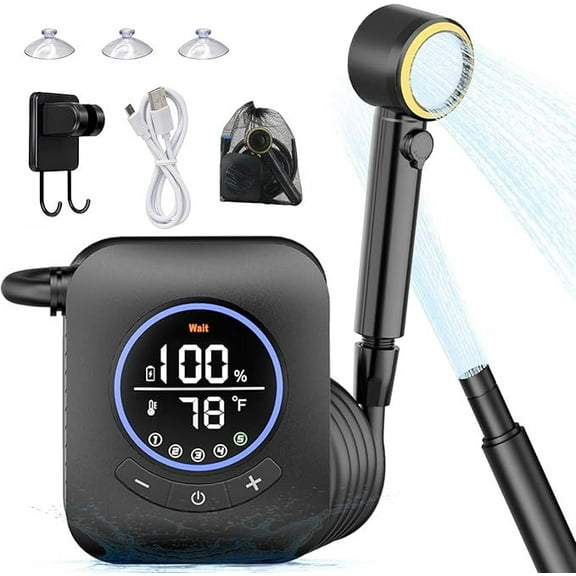 SONGAUN Spopal Portable Shower for Camping, 8000mAh Rechargeable Camping Shower Pump with Intelligent LED Display, 4 Spray Modes, IPX8 Waterproof Outdoor Shower Kit for Hiking, Travel, Car, Pet