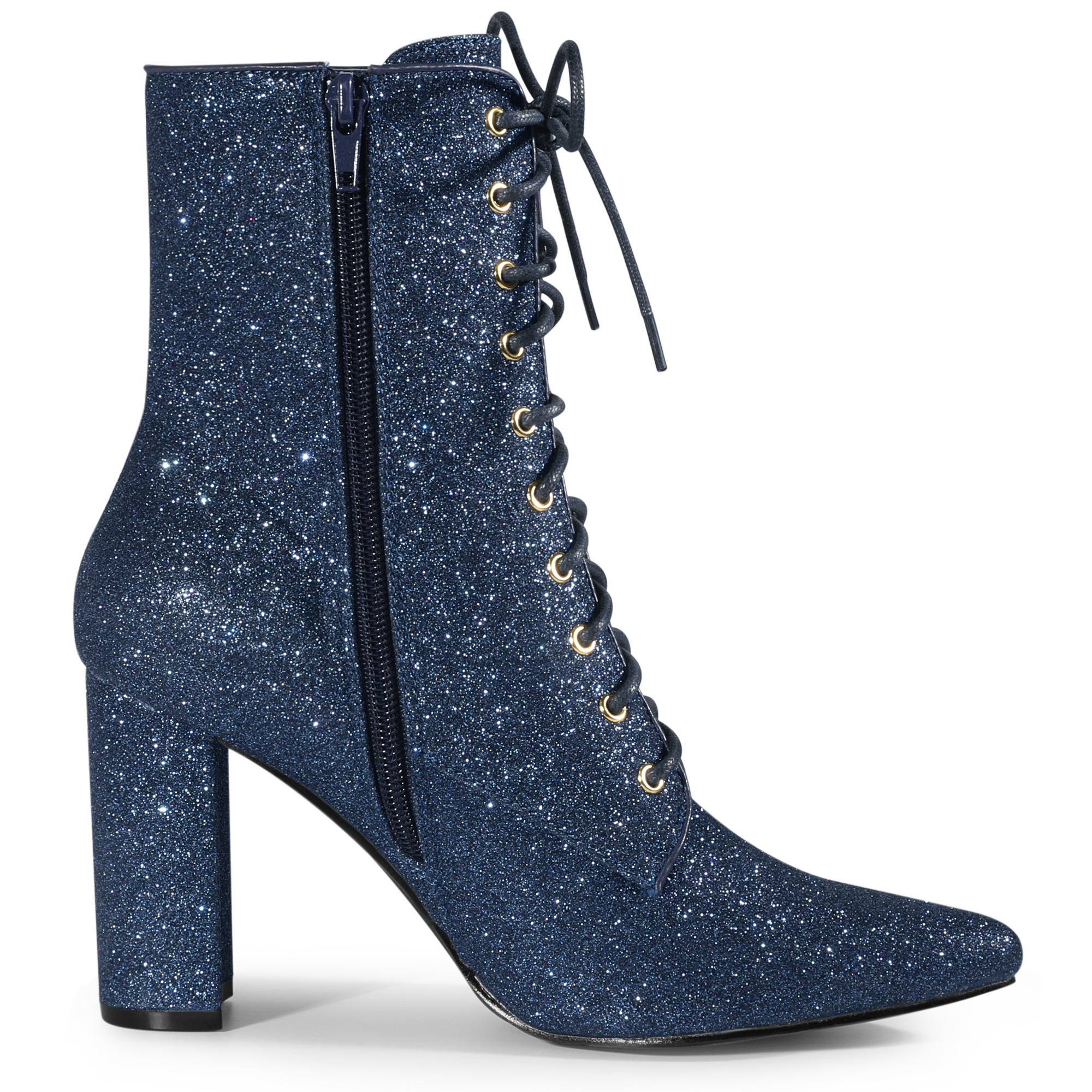 DARING DIVA Glitter Pointed Toe Block Heel Ankle Boots Navy Blue 6