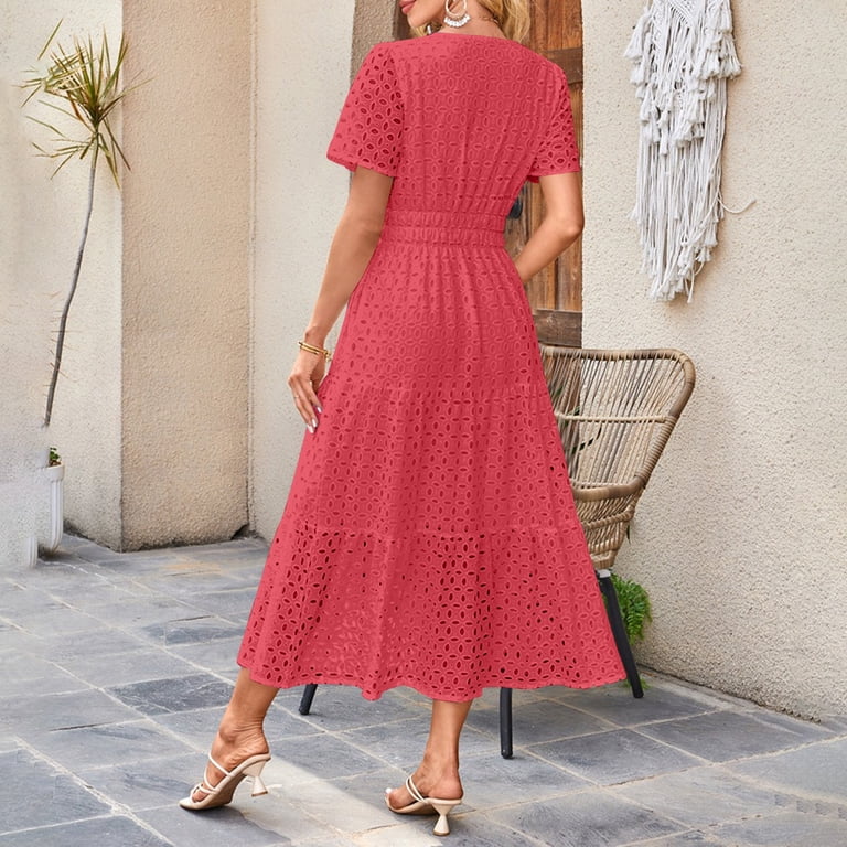 GaThRRgYP Women Dress Summer Maxi Dresses,Women's Casual Printed Pleated  Elastic Waist Sleeveless V-Neck Dress Red L - Walmart.com
