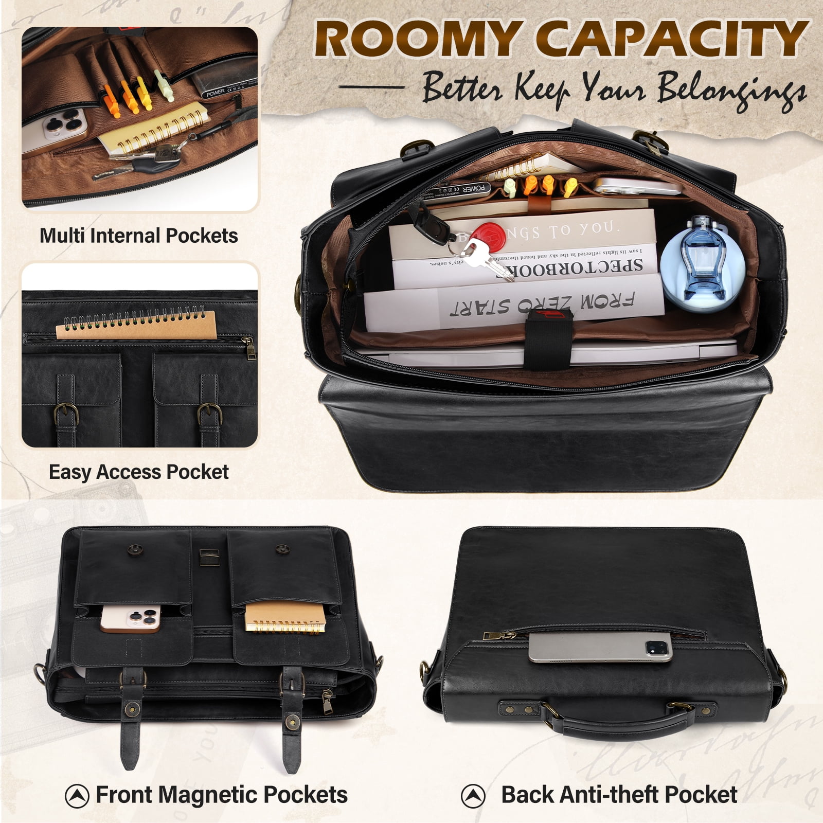 RAINSMORE Messenger Bag for Men 15.6 Inch Leather Vintage Laptop Briefcase Large Laptop Bag Waterproof Satchel Bag Computer Shoulder Bag for Office Work Travel College,Black