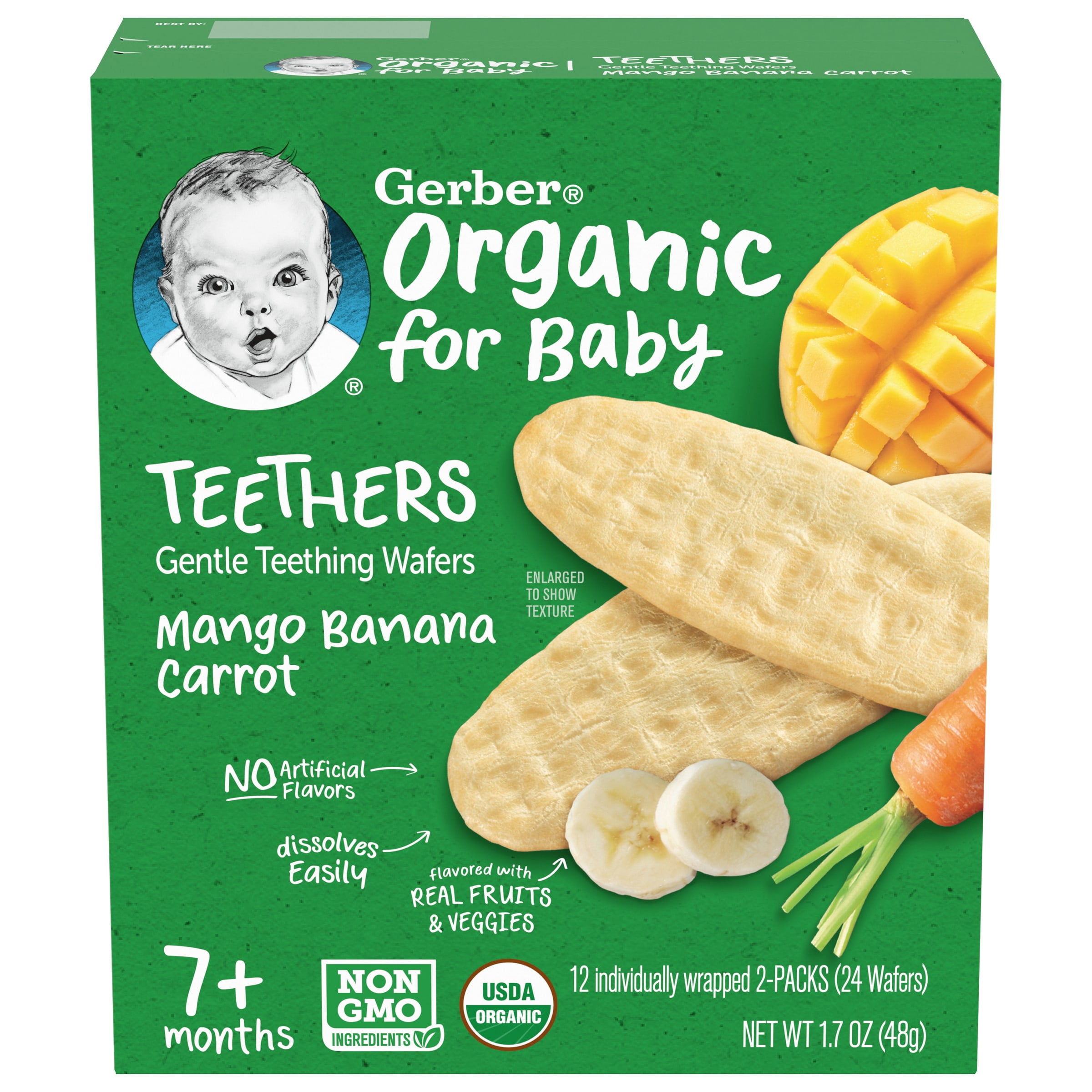 Gerber Organic Teethers Baby Snacks, Mango Banana Carrot, 1.7 oz Box (72 Pack)