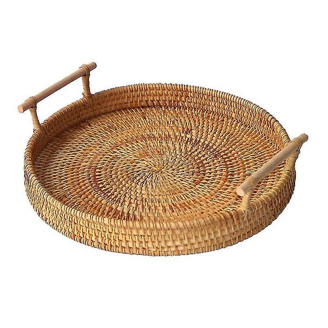 Cesta redonda tejida a mano para almacenamiento de frutas, bandeja artesanal para servir pan de ratán, bandejas de almacenamiento (L) LingWen 9024715840882
