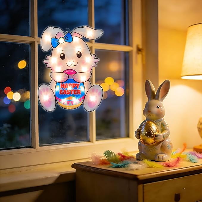17-Inch Pre-Lit Easter Egg Window Silhouette, Bunny and Egg Themed Lighted Window Decor