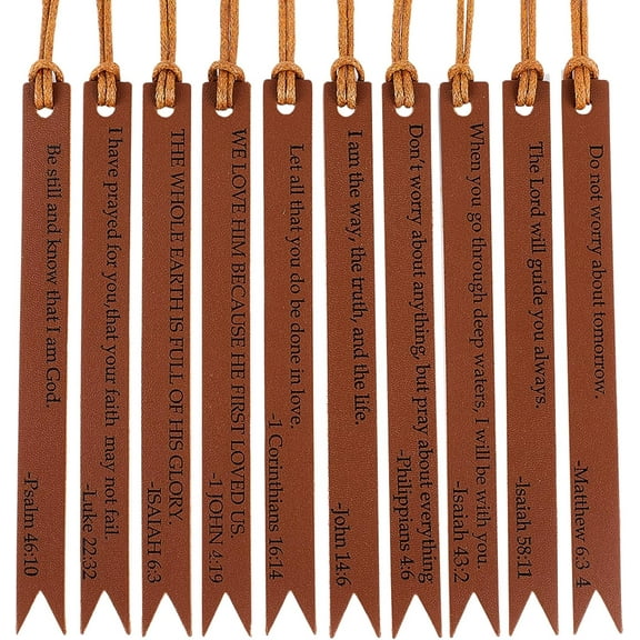 1 Set 10pcs Christian Leather Bookmarks Bible Fathers Day Church Gifts Handmade Genuine Brown Leather Page Verses Christmas Bookmarks Gift for Teachers Classmates Birthday Books Lover Men Women