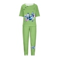thumbnail image 4 of KIJBLAE Women's Summer Two Piece Outfits Blue Butterfly Print Short Sleeve O-Neck Loose Fit Tunic Tops with Pockets Long Pants Pajama Sets Green XL, 4 of 5