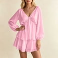 thumbnail image 2 of Women's V Neck Puff Long Sleeve Tiered Ruffle Mini Dress, Solid Elastic Waist Flowy Chiffon Summer Swing Short Dress Pink M(M), 2 of 5